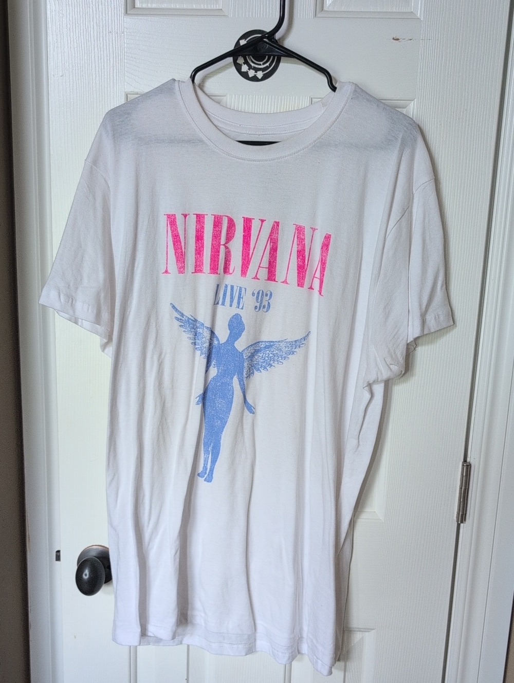 NIRVANA White Short Sleeve Tee with Pink Logo and Blue Angel Graphic
